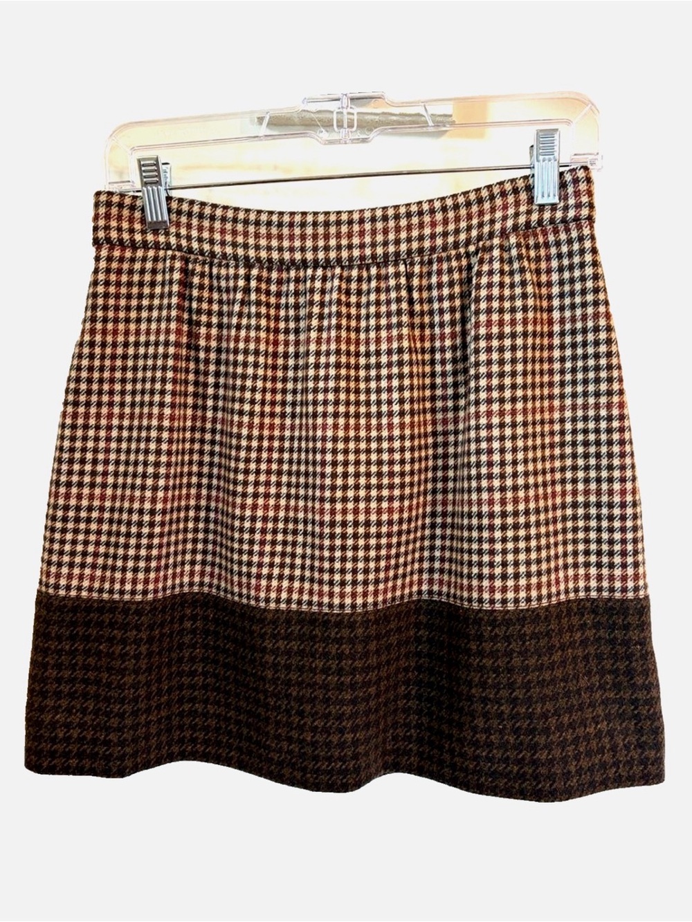 J.Crew Wool Houndstooth Mini Skirt Size 2 Brown Plaid Contrast Hem